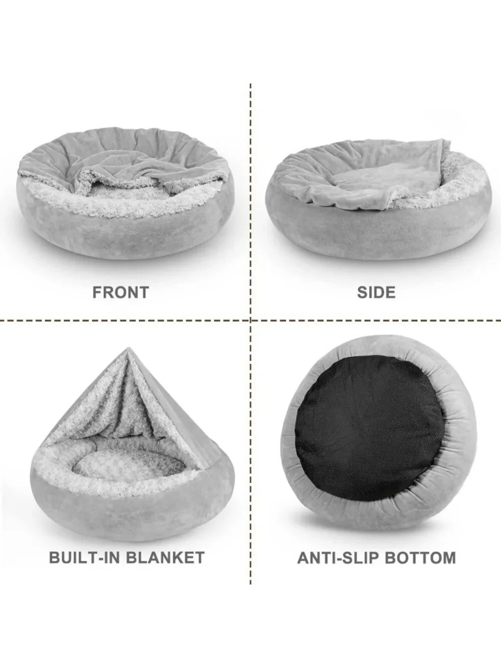 Cozy Round Dog & Cat Bed with Hooded Blanket, Anti-Anxiety Cuddler, 23